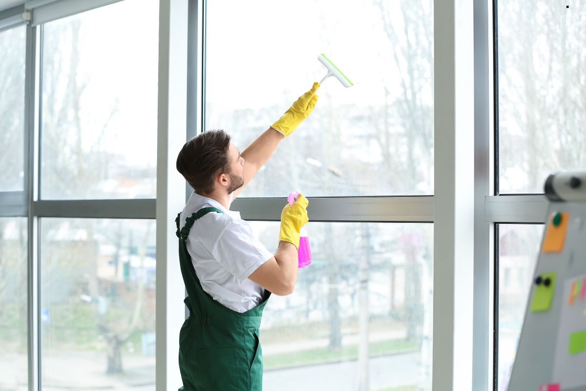 A man dressed in overalls is cleaning windows with a squeegee, demonstrating effective window maintenance.