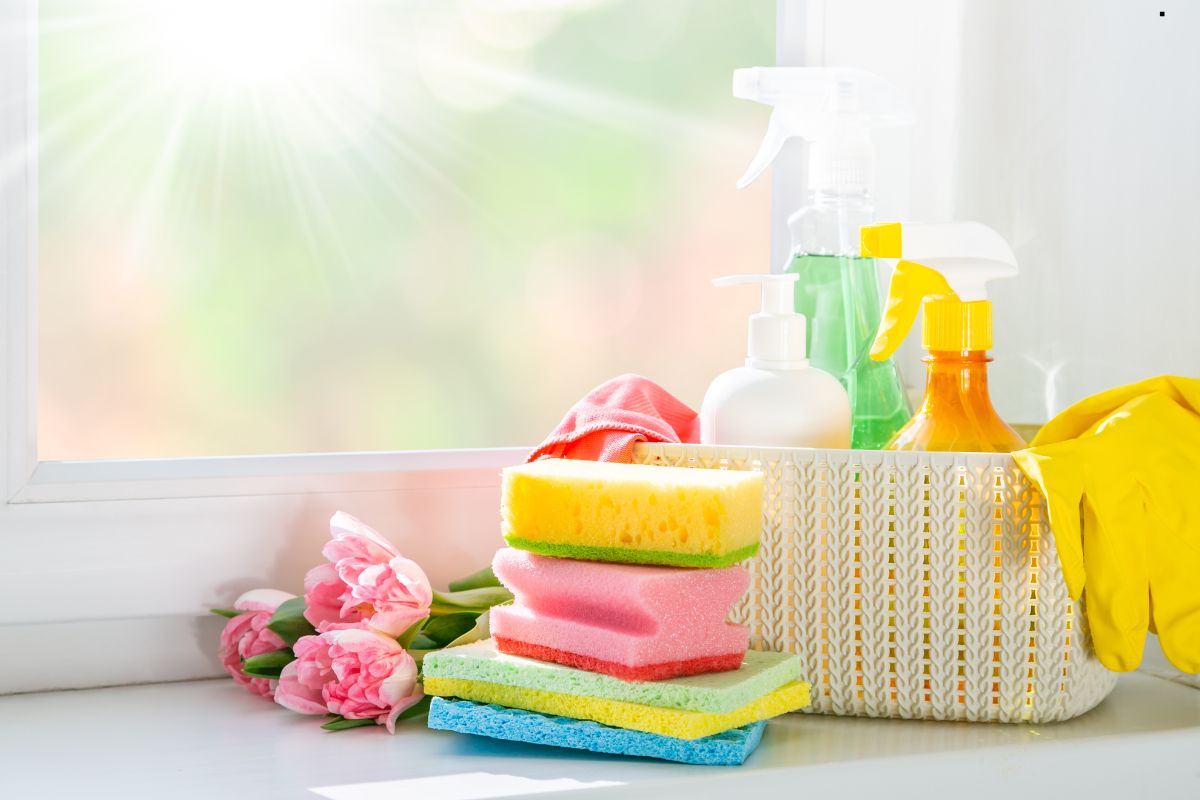 An assortment of window cleaning tools displayed on a windowsill, highlighting essential supplies for maintaining clean windows.