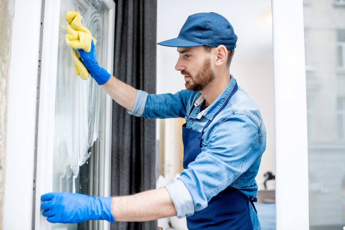 A man wearing blue gloves and a blue hat cleans a window with a cloth, focusing on removing dirt and streaks. 